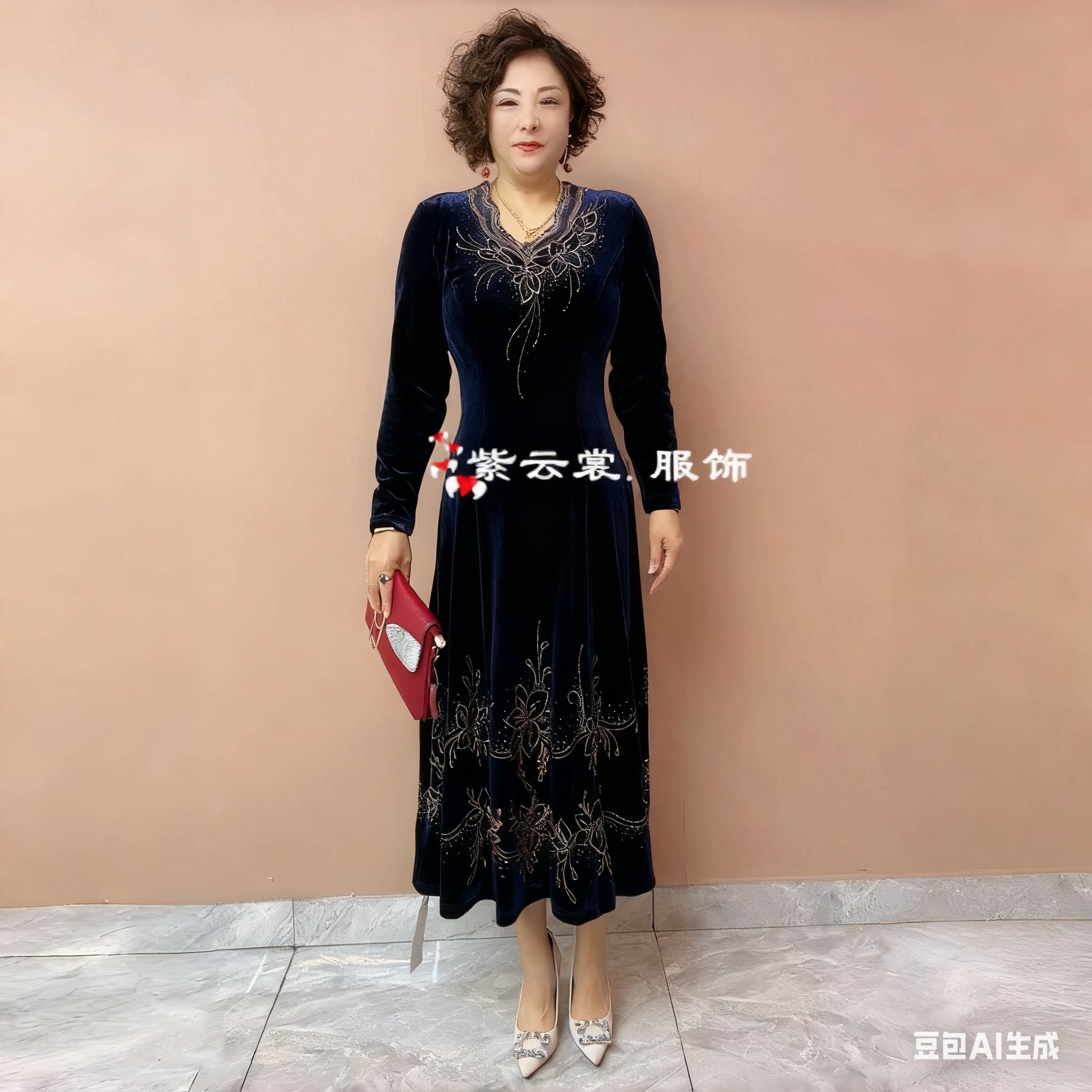 洋气丝绒连衣裙大花简约镶钻