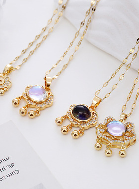 新款月光石平安锁吊坠项链国风长命锁如意锁铃铛设计感气质锁骨链