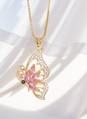 高级感欧美蝴蝶项链女时尚锁骨链微镶锆石吊坠金色情人节配饰