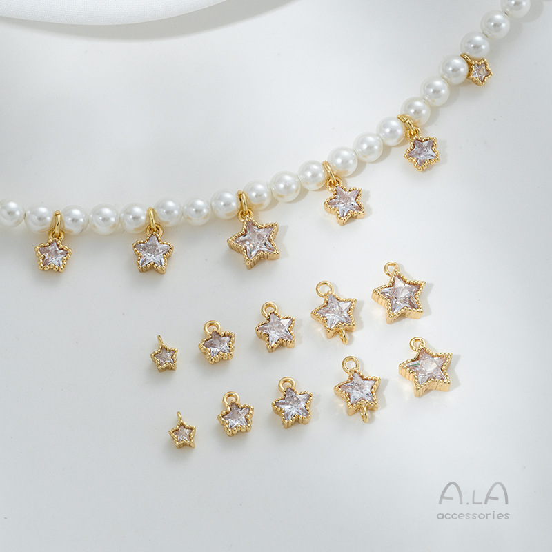 保色14K包金镶锆石小星星吊坠花边五角星双吊diy手链项链饰品挂件