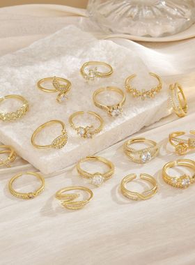 韩版微镶锆石花朵戒指女设计感百搭开口珍珠指环网红气质手饰