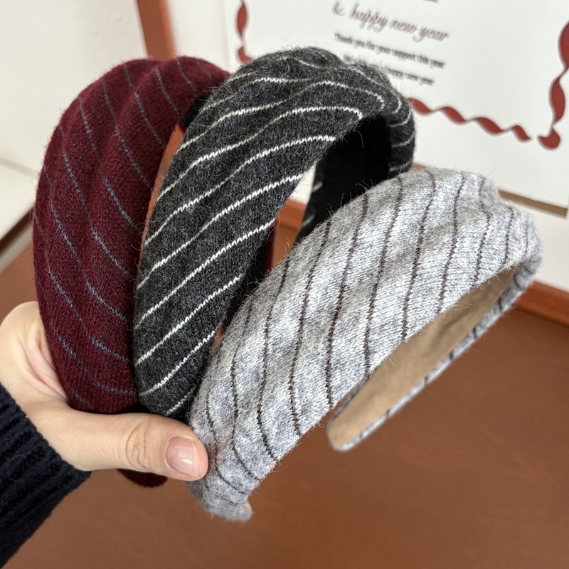 韩国秋冬新款斜纹毛呢针织条纹布艺宽边发箍头箍百搭发饰压发发卡