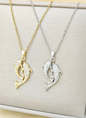 欧美跨境满钻双鱼吊坠百搭小众设计时尚钛钢项链女锁骨链饰品