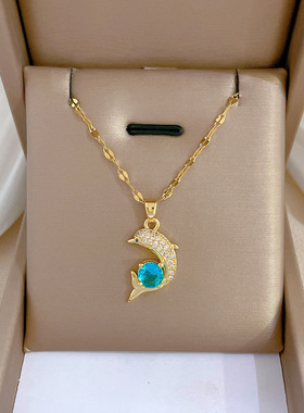 【钛钢】简约气质锆石海豚蓝色锁骨链小巧ins网红复古钛钢项链女