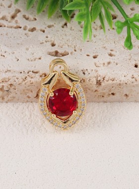 新款电镀红色宝石配件吊坠个性叶子几何形气质项链女