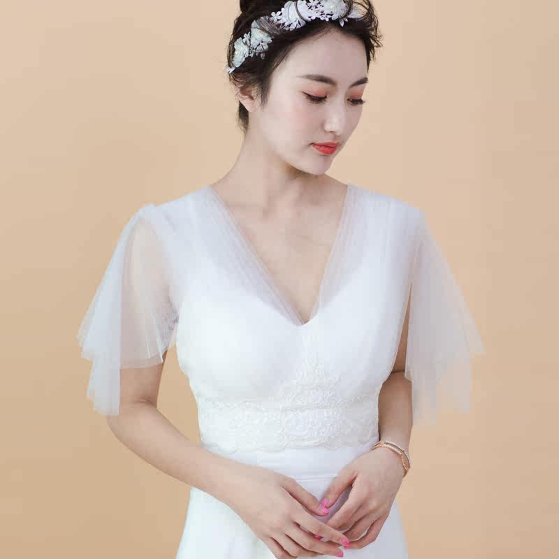 V领双肩纱袖婚纱礼服配饰后背绑绳可调节遮肉显瘦使用配饰可定制