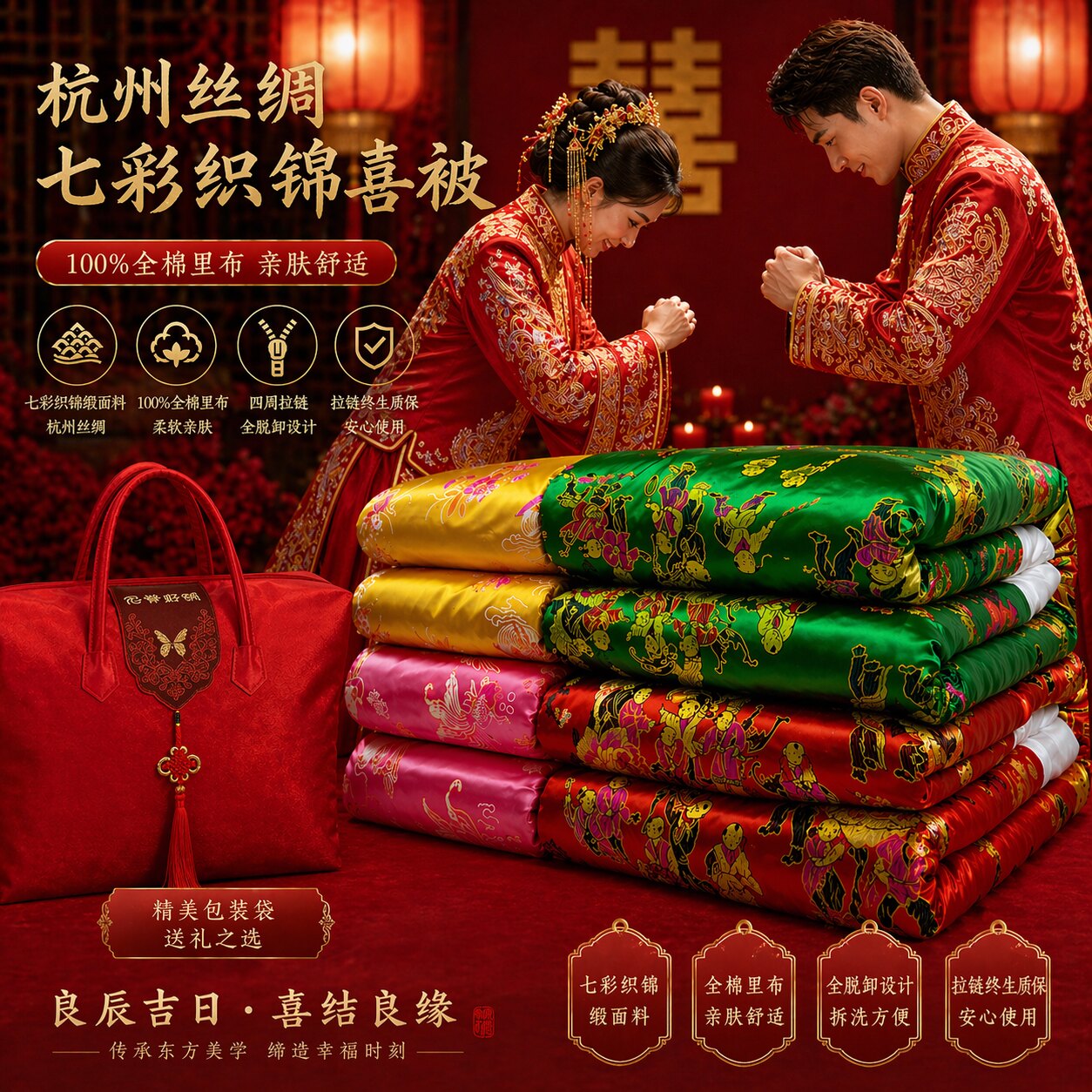 陪嫁新婚绸缎蚕丝被结婚丝绸棉被