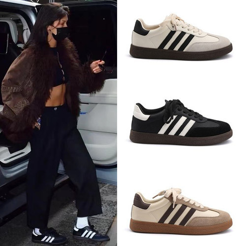 ins潮真皮三条杠复古阿甘德训鞋女春秋拼色学生百搭休闲运动板鞋