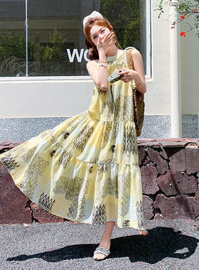 2025现货新款数码印花黄色仙气连衣裙无袖连衣长裙2559-P135控198