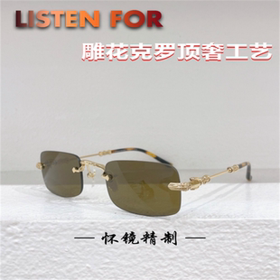 精雕高端墨镜轻奢克罗风格PILLS太阳镜切边无框复古超轻雕花眼镜