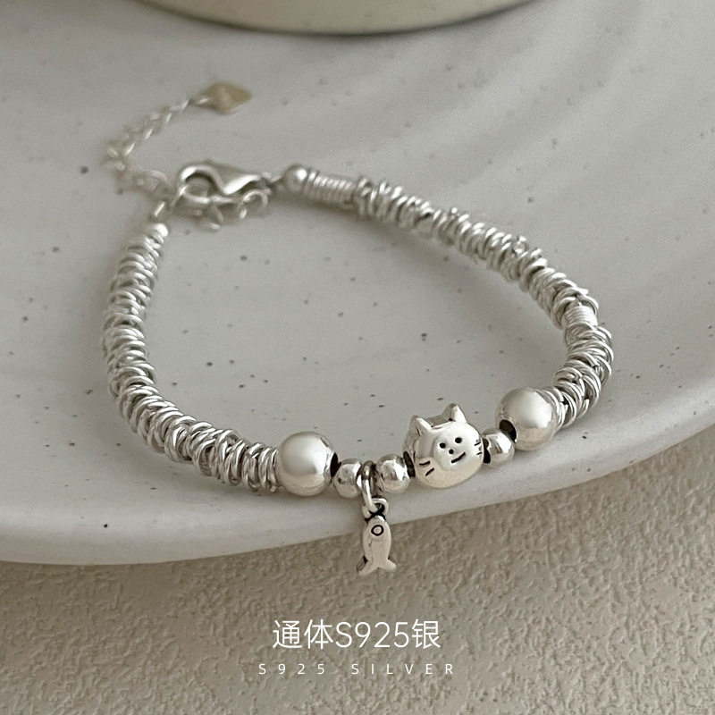 S925银招财猫咪小鱼盘缠手链女简