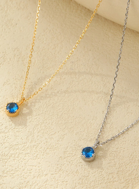 S925纯银复古镀14K金蓝色锆石项链女欧美ins百搭轻奢锁骨链