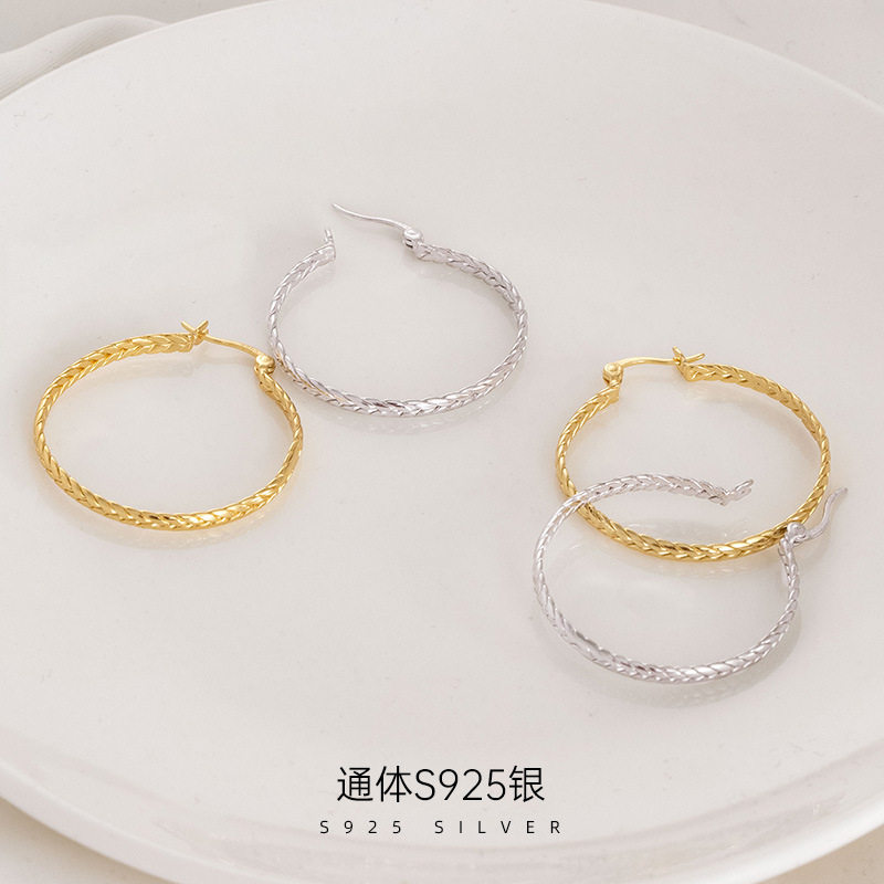 S925纯银金色麦穗大耳圈麻花圈圈耳环超大女款欧美时尚高级感耳饰