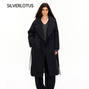 SILVERLOTUS 【温暖鹅绒大衣】经典翻驳领长款黑色腰带风衣外套