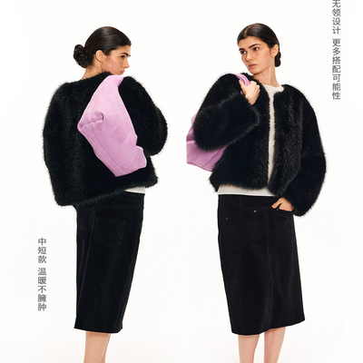 SILVERLOTUS 环保无领黑色仿真狐狸毛顺滑感廓形短款皮草外套