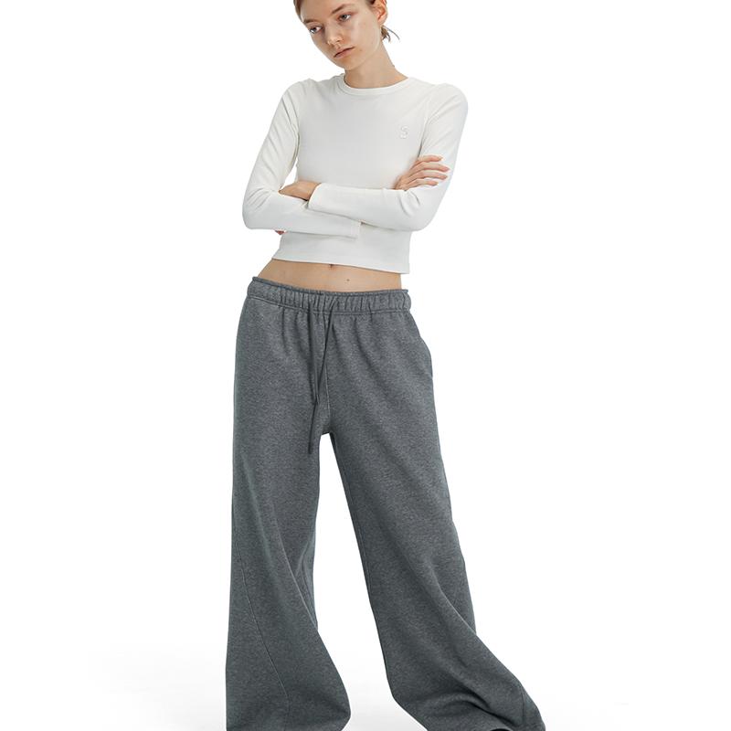 加绒中低腰弧形剪裁阔腿卫裤