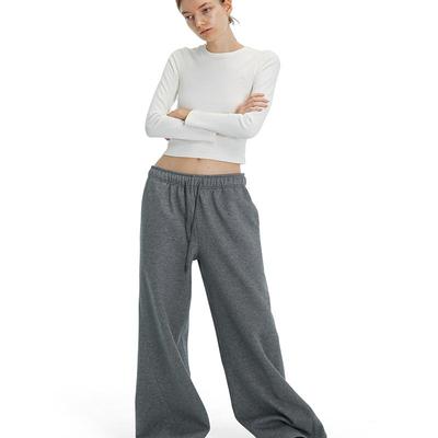 加绒中低腰弧形剪裁阔腿卫裤