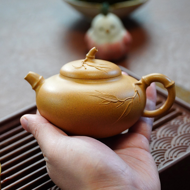 【竹意足矣】原矿黄金段泥紫砂壶 手工贴竹叶 竹节壶 功夫茶具