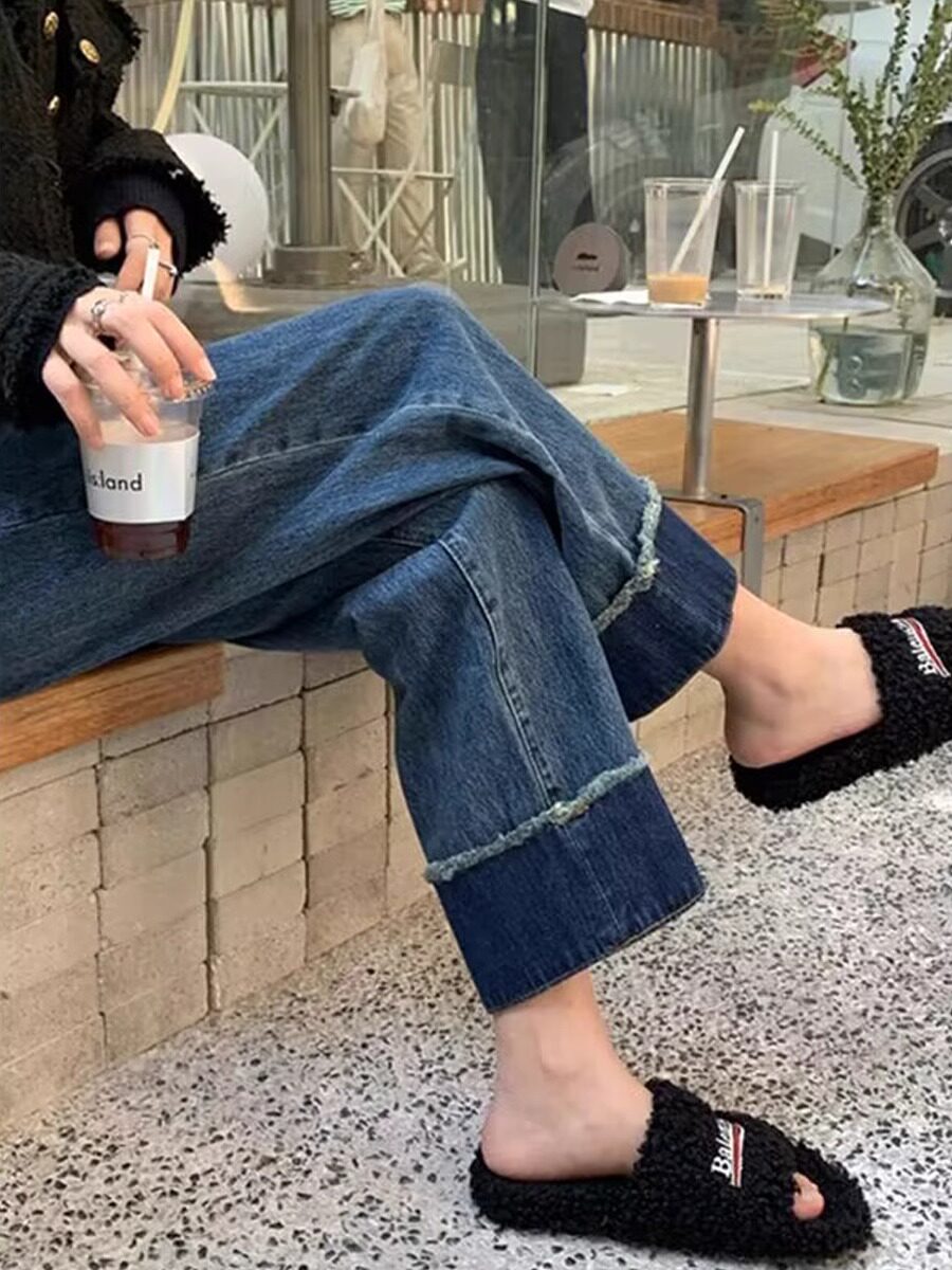 深蓝色孕妇牛仔裤春秋秋冬加绒2025年宽松显瘦卷边直筒九分阔腿裤