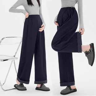 宽松显瘦休闲直筒长裤 秋季 子春秋外穿无托腹抽绳拼接阔腿裤 孕妇裤