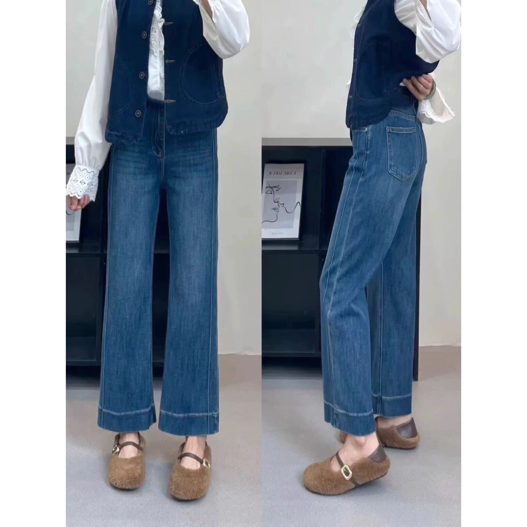 无托腹孕妇牛仔裤秋冬加绒加厚弹力休闲直筒裤女春秋季宽松阔腿裤