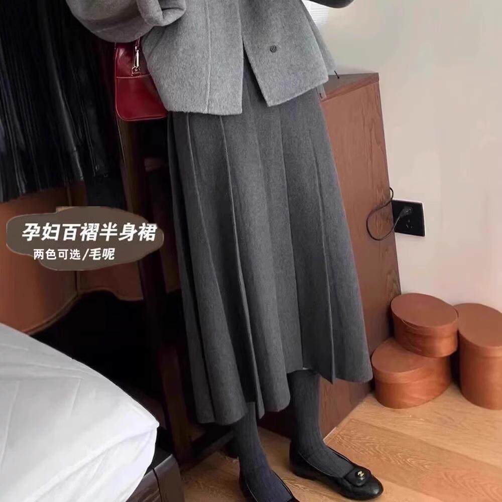 孕妇灰色毛呢半身裙加厚百褶裙