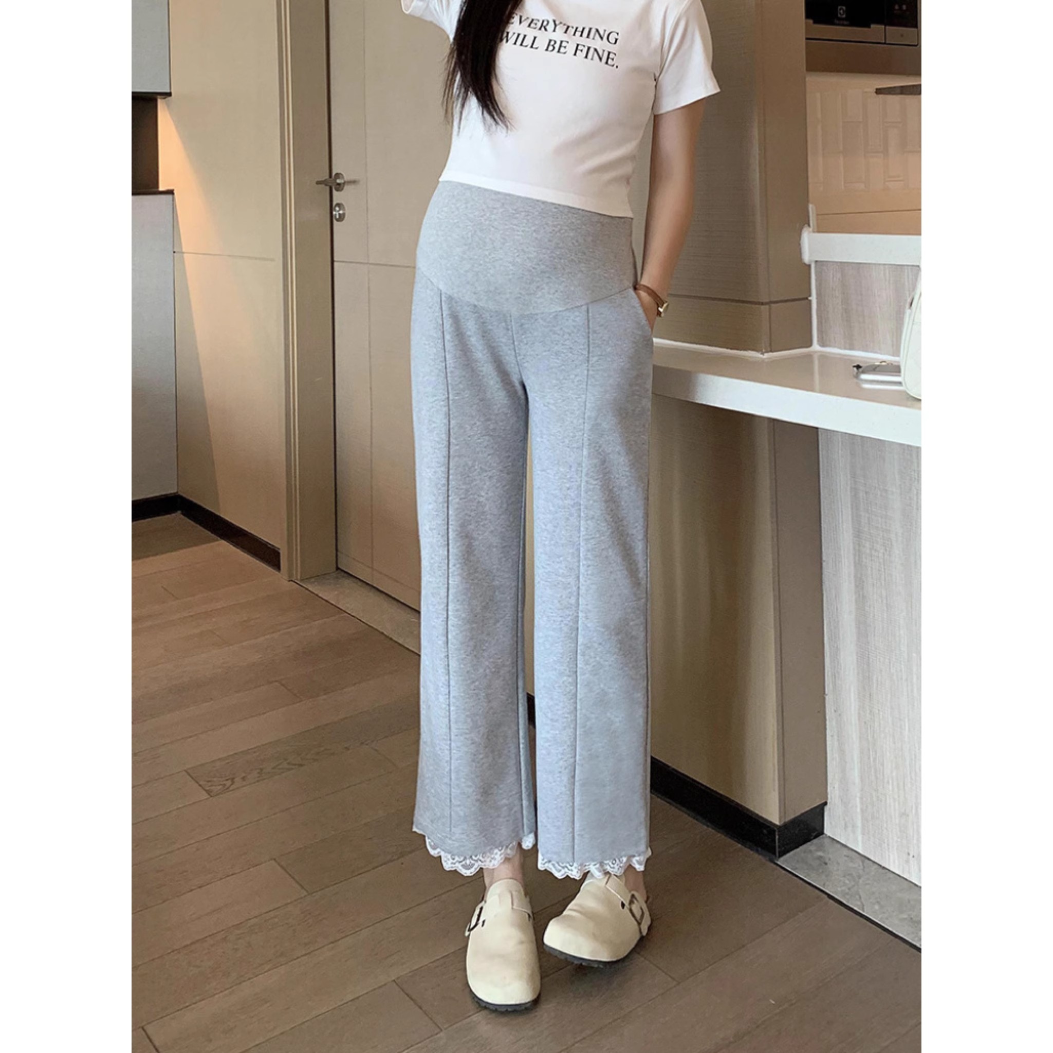 孕妇灰色运动直筒卫裤春秋2025新款垂感宽松显瘦小个子九分阔腿裤
