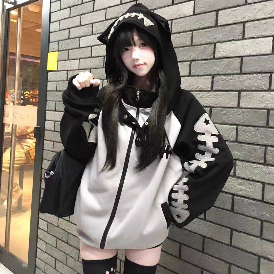 萌妹街头鲨鱼骨拼接卫衣女2025秋冬新款宽松加绒加厚连帽开衫外套