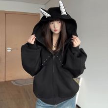 美式拼接铆钉杜宾犬耳朵连帽拉链卫衣女2025秋冬甜酷风情侣短外套