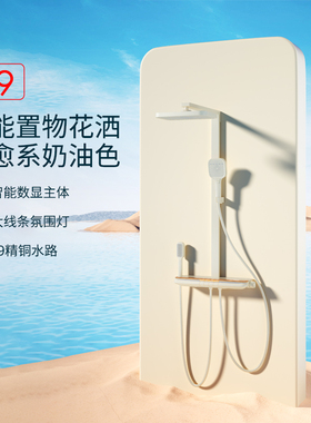 S9智能置物花洒套装奶油风全铜水路氛围灯智能数显恒温枪灰奶白色