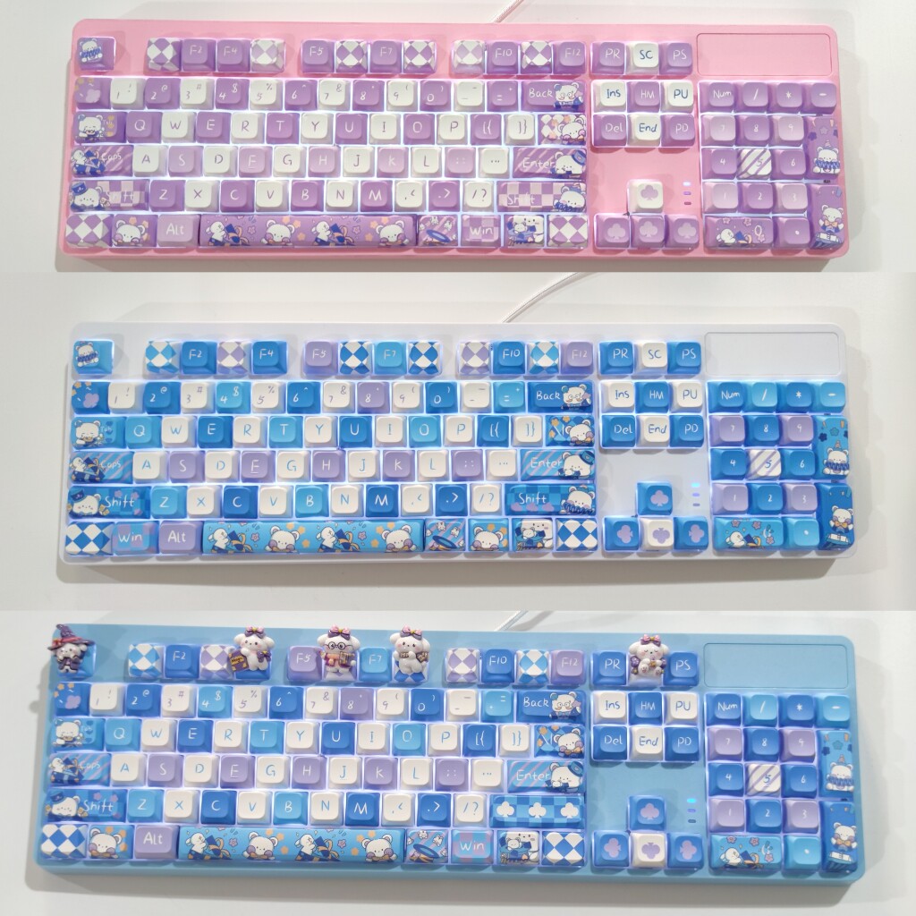 魔术熊棋盘格机械键盘87可爱104蓝色白光有线游戏卡通青轴茶红轴
