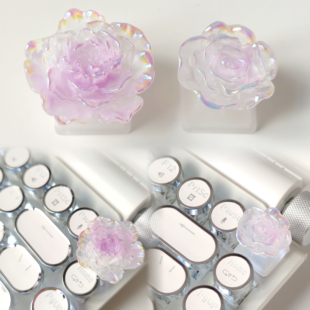 个性透光紫玫瑰花原创机械键盘diy手工十字轴使用树脂键帽R4高度