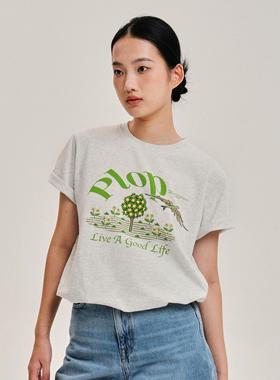 PLOP 夏季新款 原创设计飞鸟与果实主题复古印花短袖T恤
