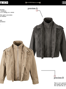 美式复古工装立领夹克加厚夹棉宽松棉衣男女设计感假两件棉服外套