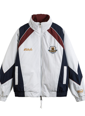 美式复古运动风撞色拼接立领棉服男女加厚保暖棉衣潮牌情侣外套