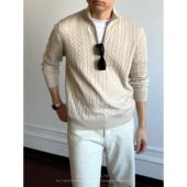 显贵秋冬 毛衣修身 纽花羊毛衫 老钱风重磅500g半拉链立领针织衫