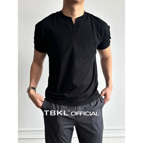 TBKL新中式亨利V领正肩短袖T恤男