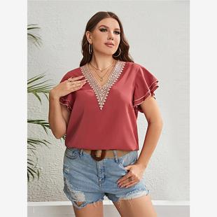 big size women Clothes summer top夏季红棕色蕾丝V领宽松上衣女