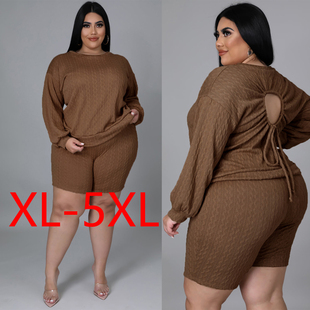 加大码女装针织坑条套装autumn fat women plus size knitted set