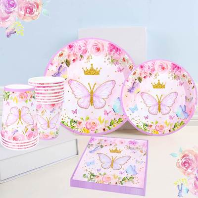 Pink Butterfly Birthday Tableware Backdrop Happy 1st First B