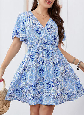 Plus Size Dress Women v-neck Dresses 时尚V领夏季大尺码洋装女