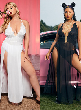 Plus size sexy pajamas big lingerie long dress set fat women