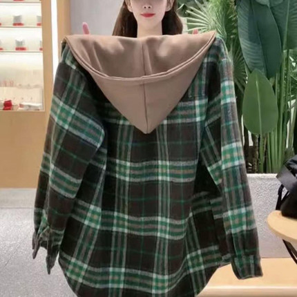 大码加绒磨毛格子衬衫女连帽上衣秋冬中长款宽松百搭衬衣加厚外套