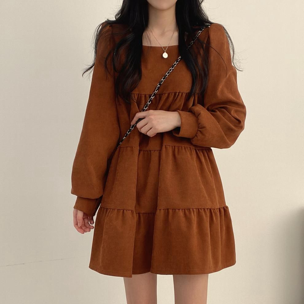 欧美风方领显瘦褶皱连衣裙