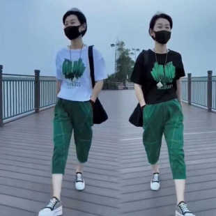 女时尚潮运动套装网红圆领T恤两件套夏季七分欧货新款短袖哈伦裤