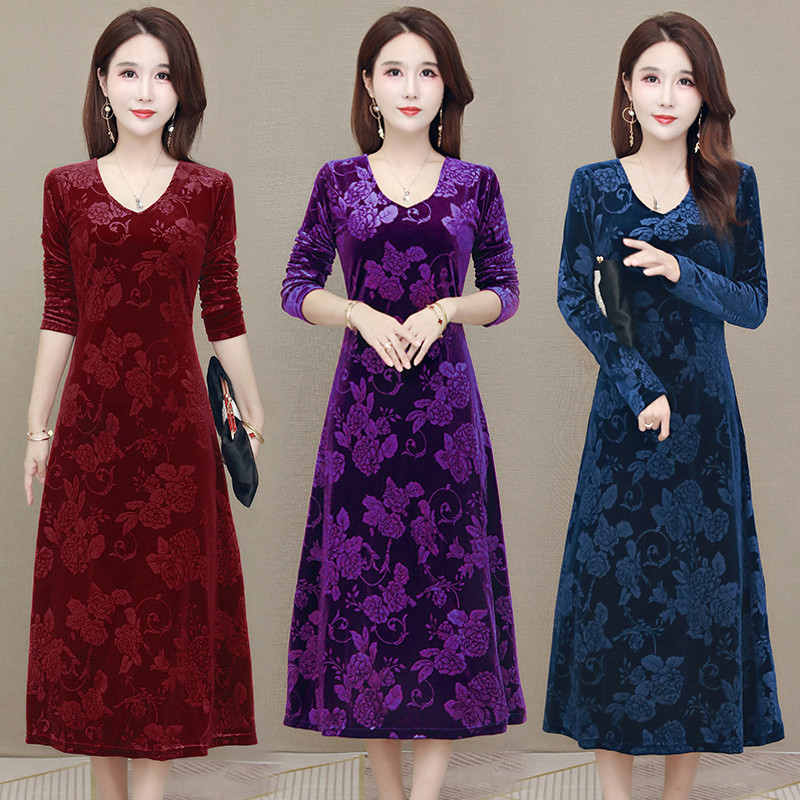 金丝绒3D印花连衣裙女春秋冬季大码气质显瘦妈妈装大摆过膝长裙