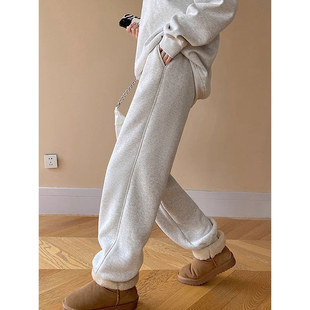 女装 宽松休闲卫裤 冬季 小个子保暖棉裤 新款 白灰色加厚绒束脚运动裤