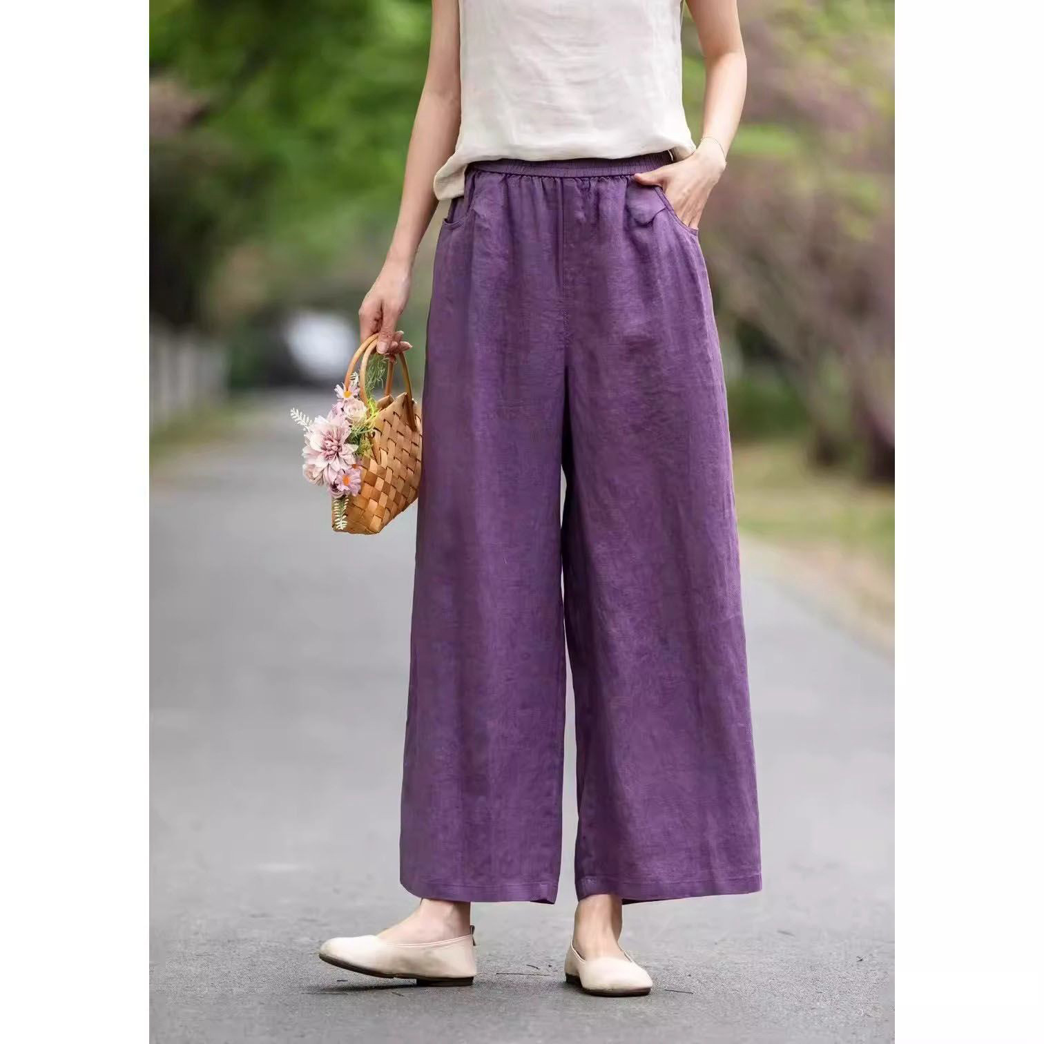 棉麻薄款高腰阔腿裤女宽松显瘦直筒裤百搭松紧腰九分休闲裤子女