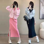 时尚 女秋洋气减龄设计感假两件卫衣半身裙两件套 炸街休闲运动套装