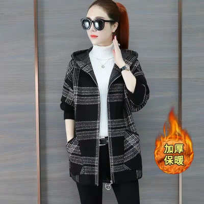 加绒加厚大码长款连帽卫衣女